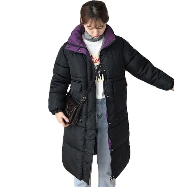 

2019 winter jacket women hooded stand collar warm thicken female long parka two big pockets ladies parka, Black
