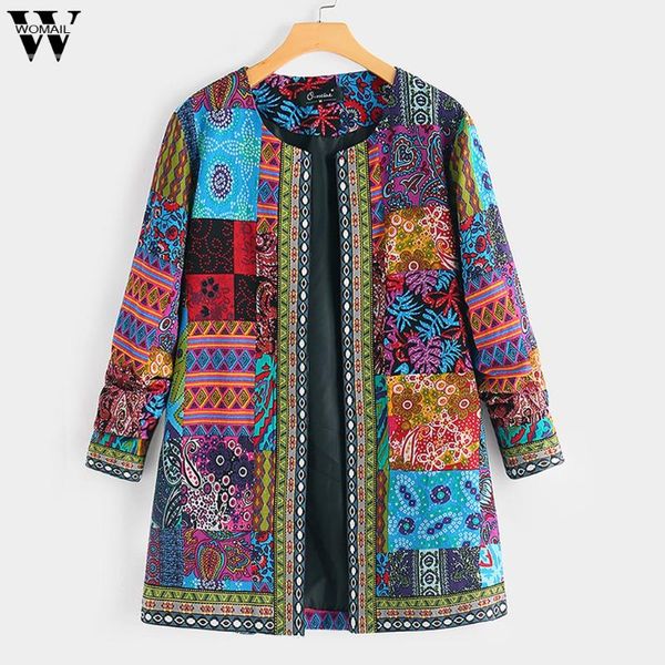 

womail ethnic style coat women vintage floral print jacket cotton linen plus size jacket coat long sleeve colorful women, Black;brown