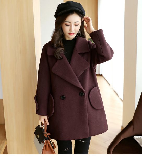 

casual loose long winter fashion wool coats turn-down collar wool blend coat and jacket double breasted coat femenino, Black