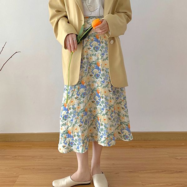 

vintage floral oil print chiffon pleated long skirts women korean skirt streetwear drawstring elastic waist midi skirt purple, Black