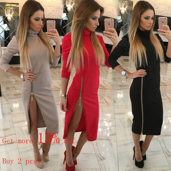 

2019 high neck women dress spring long sleeve formal causal dress with zipper midi dresses elegant, Black;gray