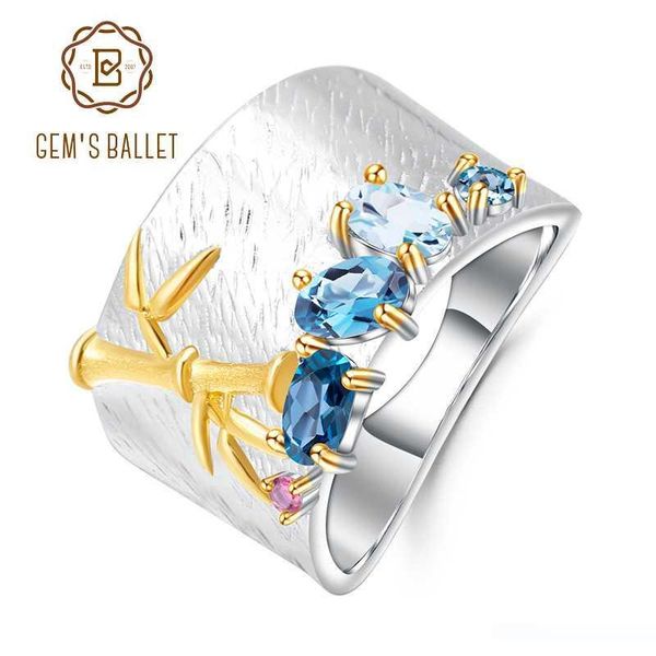 

gem's ballet natural creative blue z gemstone ring 925 sterling silver handmade bamboo finger rings for women fine jewelry, Golden;silver