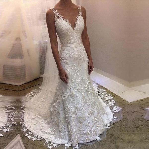 

2020 new elegant appliqued lace wedding dress mermaid v neck zipper back with sash wedding gown sweep train custom made, White