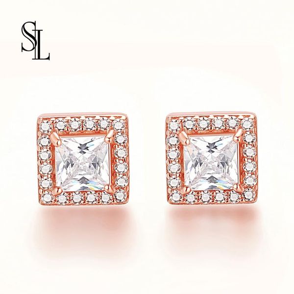 

sl women white square stud earring with zircon 925 silver color double earrings for women fine jewelry, Golden;silver