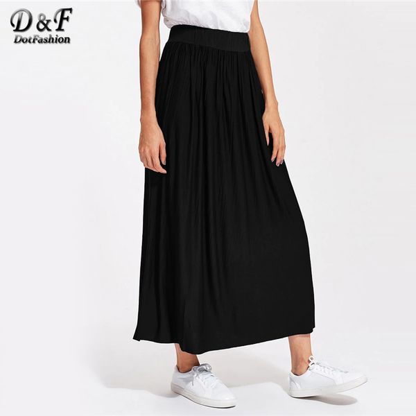 

dotfashion black crinkle elastic waist full length skirt womens clothing 2019 fashion autumn casual plain pleated long skirts