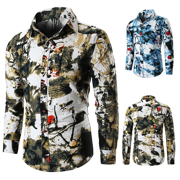 

men's casual shirts men clothes shirt personality autumn slim long sleeve printed plus size 2021, White;black