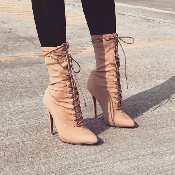 

young ladies beige suede pointed toe boots lace-up concise mid-calf boots luxurious brand lady dress shoes stiletto heels, Black