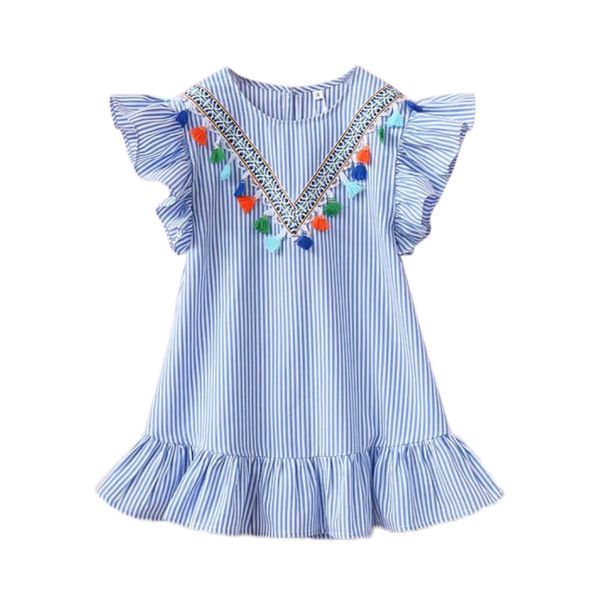 

summer new baby girl's cute and beautiful refreshing blue and white strip tassel full cotton dress