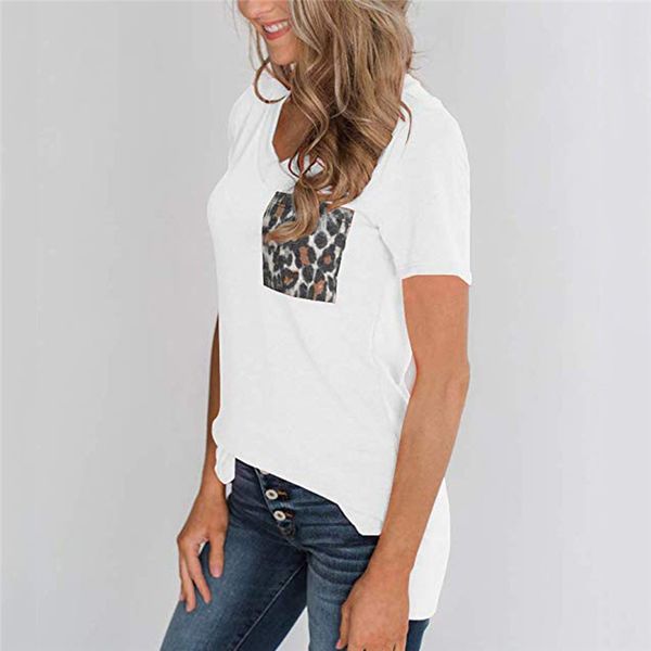 

summer womens leopard pocket tshirts solid panelled split casual ladies tees v neck fashion straight female, White
