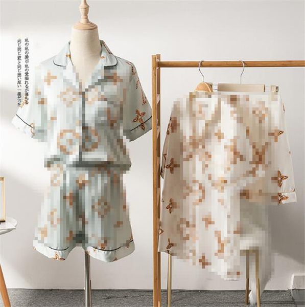 

summer ice silk short-sleeve sleepwear luxury l letter print womens pajamas girls casual home clothing two piece