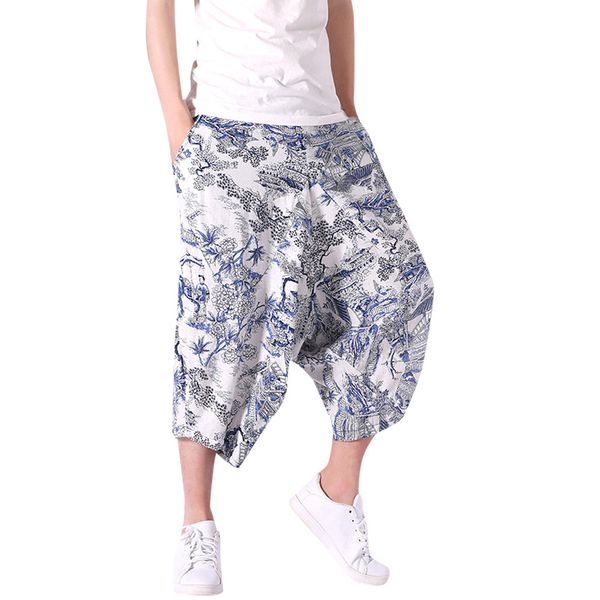 

spring and summer plus size men's wide crotch harem cotton linen white print wide-legged bloomers baggy cropped trousers l415a, Black