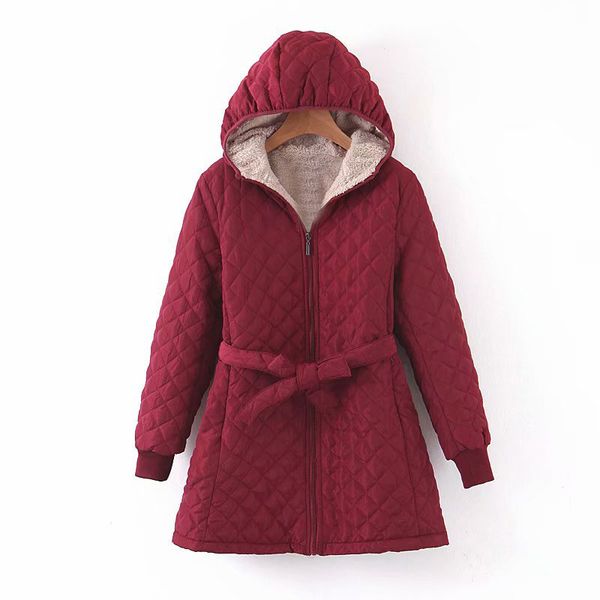 

europe and america women's dress 19 winter new style mid-length lining plush lace-up hooded cotton overcoat, Blue;black