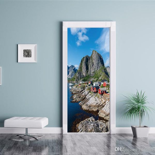

77*200cm 2pcs set creative mountain lake house door sticker vinyl decal wallpaper living room mural home decoration waterproof removable art