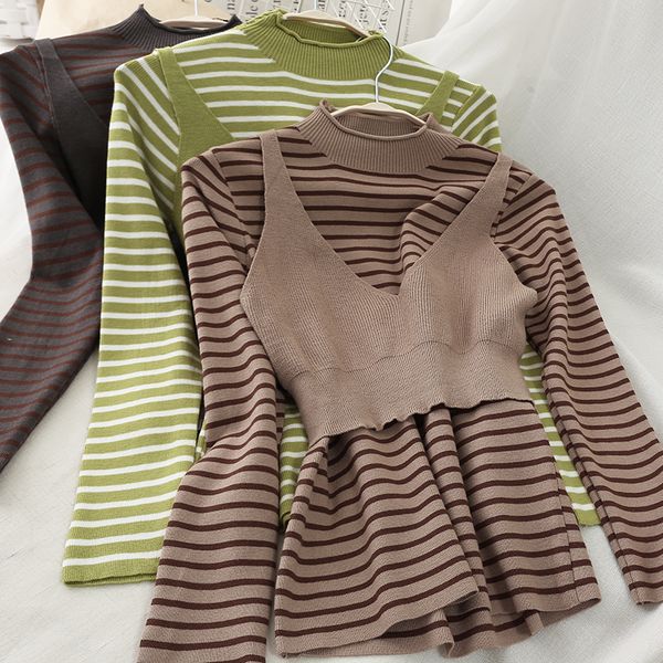 

mooirue autumn women kintting pullover round neck vintage striped slim + lintting short tank korean style streetwear sweater, White;black