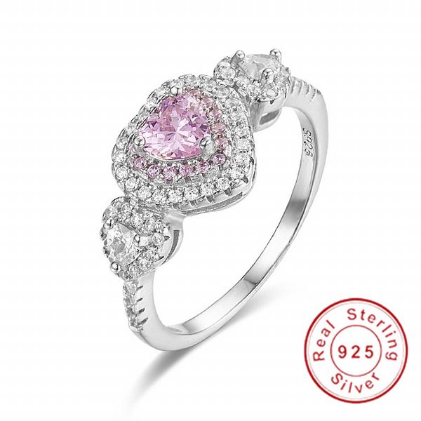 Marca de jóias de prata esterlina 925 dedo Pink Heart 2ct sona diamante definição 2 Surround anel de casamento para as mulheres Pave