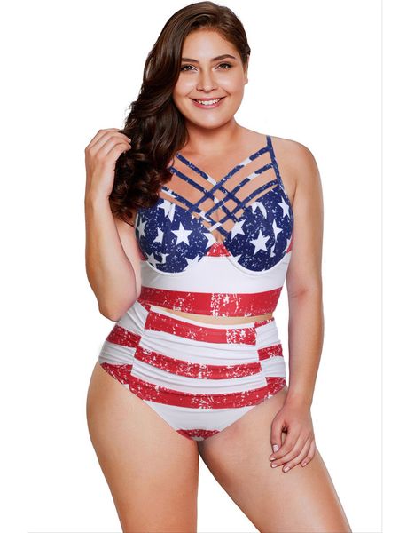 

американский флаг ремешками шеи подробно высокая талия купальник, White;black