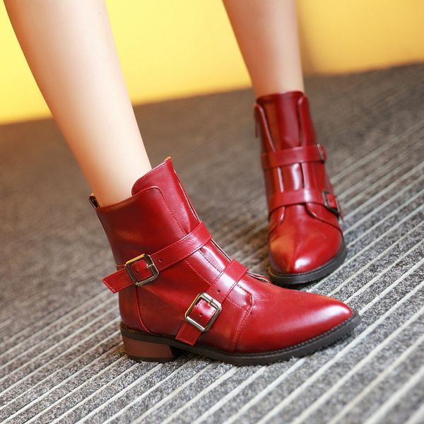 

2018 new fashion women boots retro buckle low-heeled non-slip shoes pointed-toe short boots causal shoes booties, Black