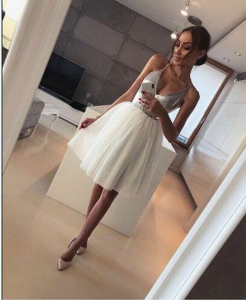

2019 arrival women silver formal white layers mesh deep v-neck low cut sequin club wear evening party midi princess dress, Black;gray