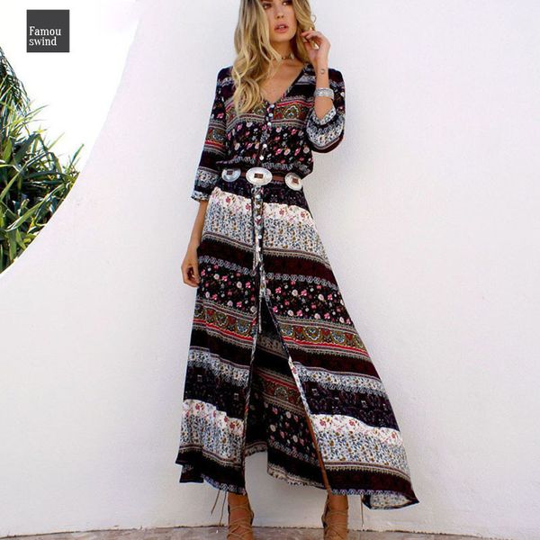 

bohemian printing long dress women 2019 maxi long dress floral print hippie chic brand clothing boho dress, Black;gray