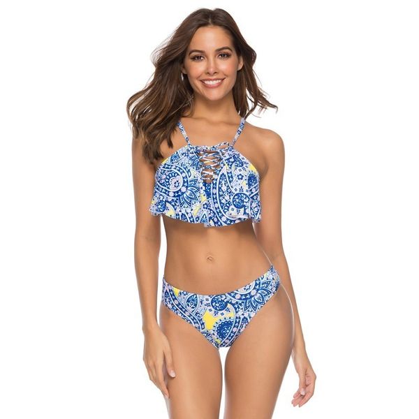 

women high neck swimwear ruffle side print bikini set separate female backless swimsuit women push up bathing suit monokini hot, White;black