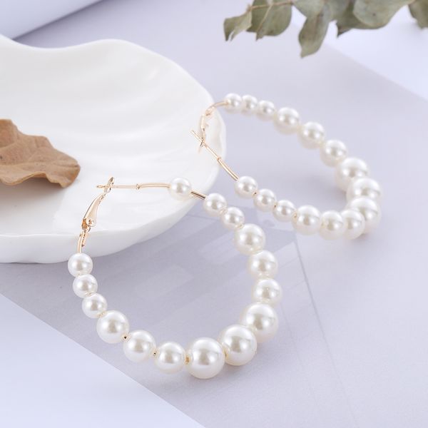 

elegant white pearls circle round hoop earrings charm austrian crystal hoop geometric shiny rhinestone big earring jewelry, Golden;silver