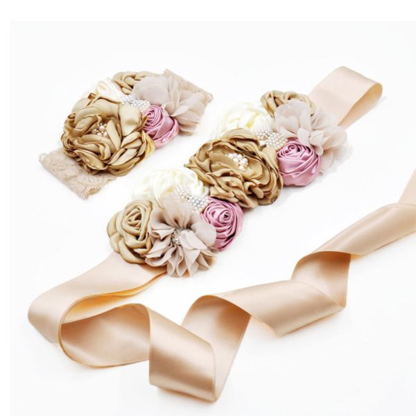 

hair band&belt set lace curling pearl handmade rose flower ribbon belt princess dress accessories french multi-flower bow belt, Black