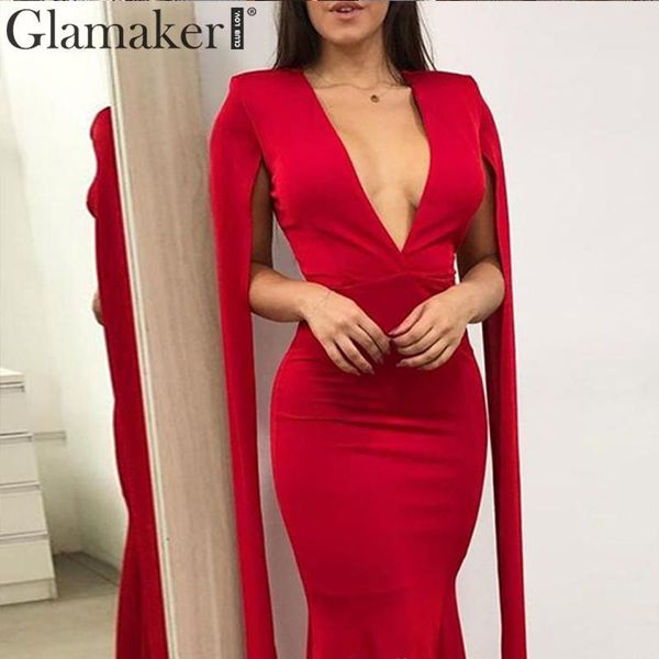 

glamaker v neck red dinner dress elegant women cloak sleeve bodycon long mermaid dress winter autumn christmas party club dress, Black;pink