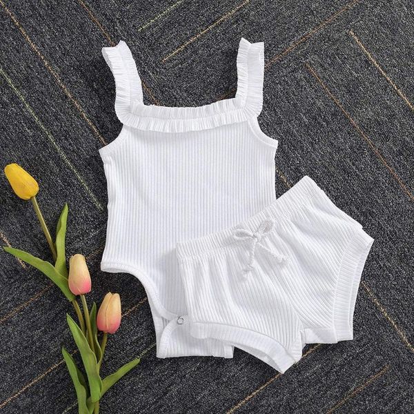 

infant baby's sets girls clothes summer knitted casual sleeveless solid outfits button halter romper ruffle shorts 2pc clothings, White