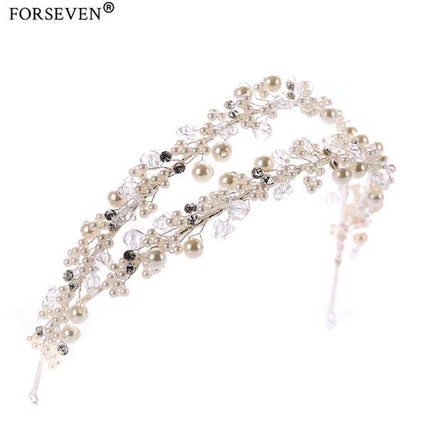

alloy bride pearl elastic hairbands for wedding hair jewelry accessories women wedding tiaras headband pearl headdress, Golden;white