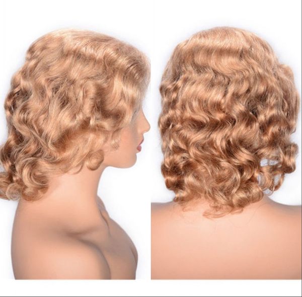 

brazilian human hair wigs curly lace front wig with baby hair 27# short hair wig 12 inches for women, Black;brown