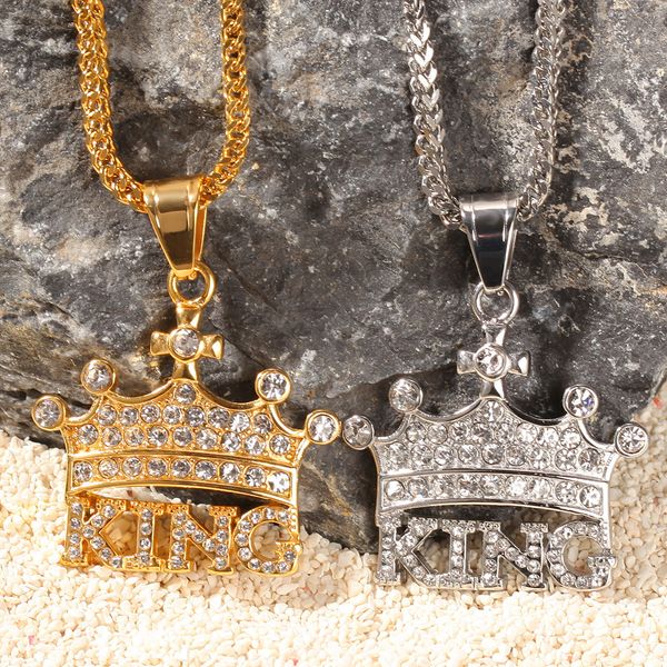 

cuban link chains hip-hop crown king stainless steel rhinestone pendant fashion accessories, Silver