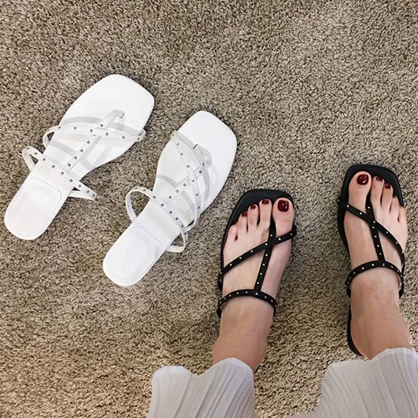 

slippers 2021 women beach flip flops square open toe ladies outside summer shoes female woman fashion slides slip on sandals, Black