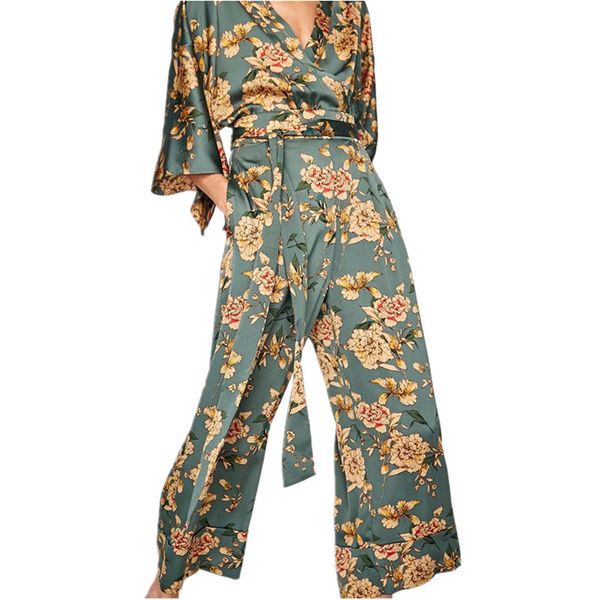 

summer vintage ethnic flower printed kimono jumpsuit women 2020 new fashion conjoined kimono femme blusa, White