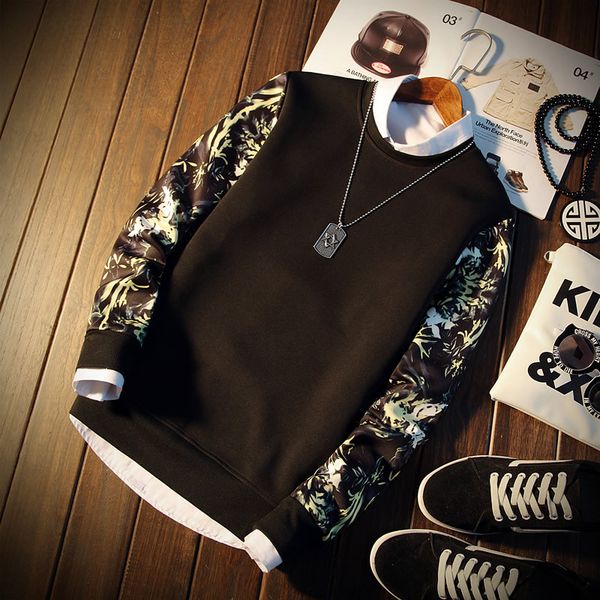 

spring autumn fashion brand men patchwork floral print long sleeve o-neck cool pullover hoodies mens sweatshirt tracksuit 5xl, Black