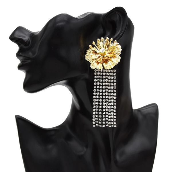 

gold metal long tassel flower earrings crystal rhinestone korean vintage big flower drop earring for women wedding party jewelry, Silver