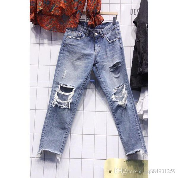 

spring autumn new style ladies wild hole fashion denim trousers casual cotton straight hole women's jeans size s-xl, Blue