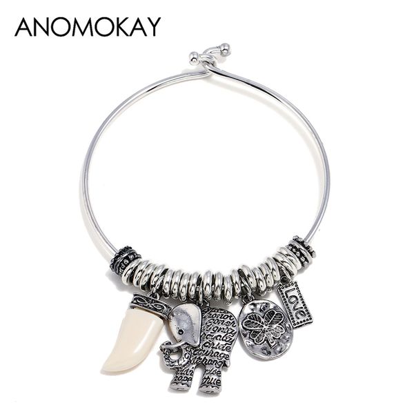 

european & american vintage silver elephant tree love charm bracelets & bangles fashion simple casual men women bangle jewelry, Black