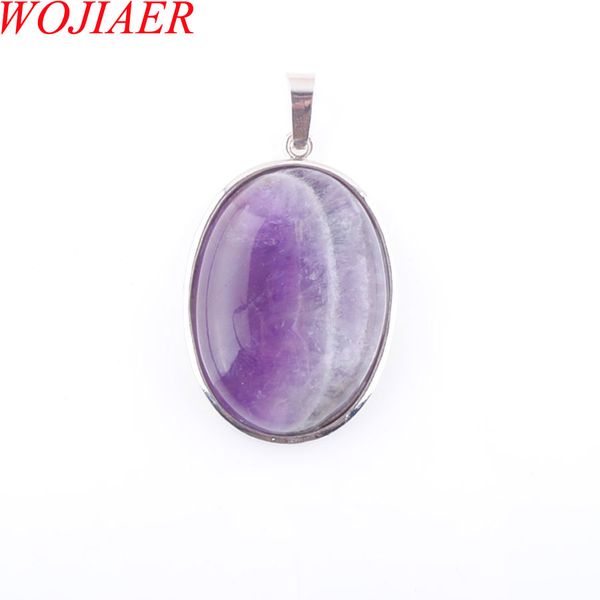 

wojiaer natural amethyst gem stone bead oval silver plated healing reiki chakra pendant necklace jewelry 1pcs dn3216