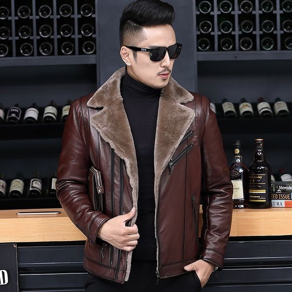 

winter business men genuine leather jacket thick wool lining short coat office work luxury sheepskin shearling jackets plus size, Black