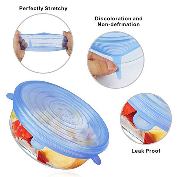 

dropshipping 6pcs silicone stretch lids food wrap bowl pot lid cover pan universal silicone lid for cookware kitchen accessories