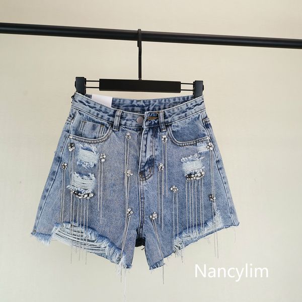 

new fashion summer pants 2019 women heavy sequins drill tassels high waist jeans shorts student girls denim shorts nancylim, Blue