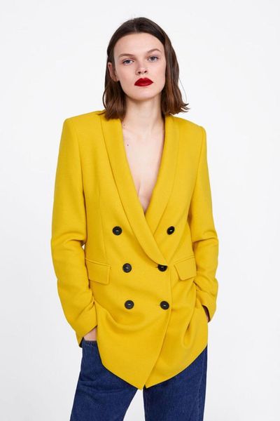 

jrhyme vintage bright yellow plus size double breasted long sleeve solid womens jackets blazer polyester lady coat, White;black