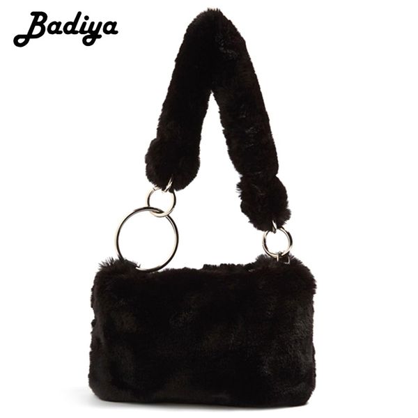 

women fashion new plush shoulder bag casual ladies handbag metal ring fax fure envelope phone case chic female bolsa t200428