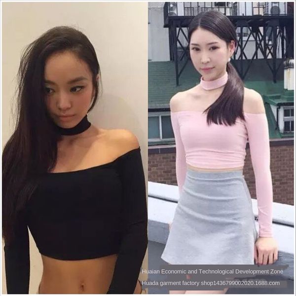 

2019 wind hanging neck t-shirt back t-shaped shoulder collar short slim long sleeve women's t-shirt, White