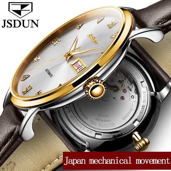 

jsdun watch men mechanical watches waterproof relogio masculino japan automatic movement date week leather watches clock saat, Slivery;brown