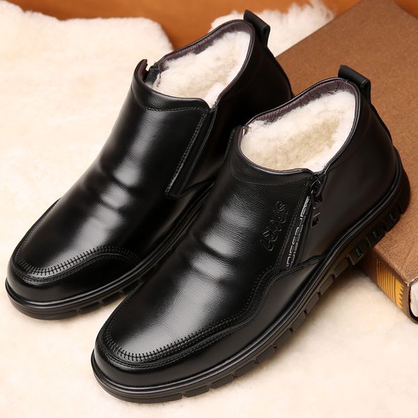 

men's genuine leather winter boots white sheep fur boots warm casual shoes wool blend side zip shoes zapatos hombre, Black
