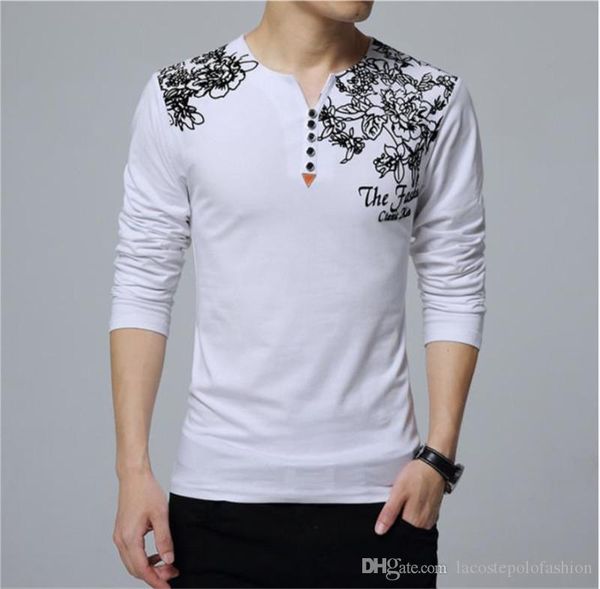 

stereoscopic floral print mens tshirt designer v neck button casual homme long sleeve fashion cloth, White;black