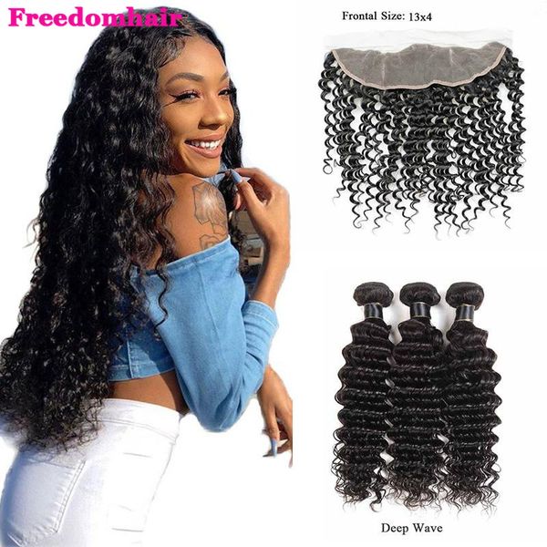 

9а бразильские глубокая волна волос соткать связки с кружевом фронтальным закрытие бразильского деве связки волос с уха до уха кружева фронт, Black