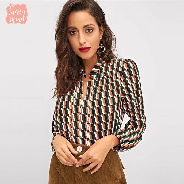 

blouse multicolor print shirt long sleeve v neck office ladies womens and flutter sleeve autumn elegant blouse shirt, White