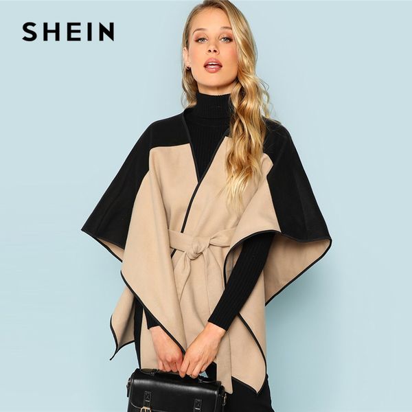 

shein khaki cut and sew lace up coat elegant 3/4 sleeve belted outer coats women autumn modern lady highstreet fashion coats, Tan;black